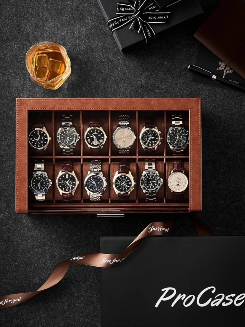 12-Slot Men's Watch Display Box - Elegant Brown Storage Case for Watches